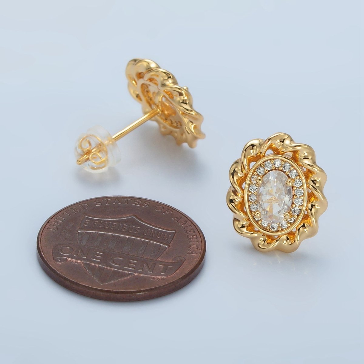 24K Gold Filled Clear CZ Micro Paved Oval Twisted Bezel Stud Earrings | AD740