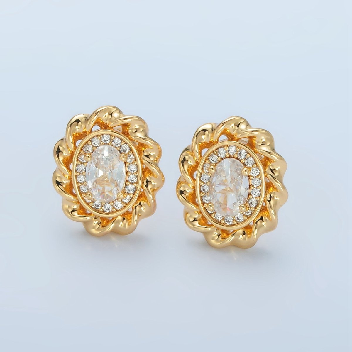 24K Gold Filled Clear CZ Micro Paved Oval Twisted Bezel Stud Earrings | AD740