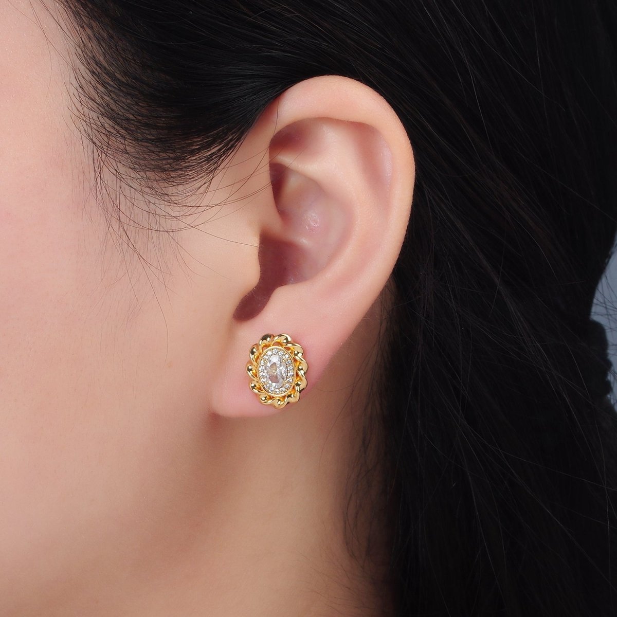 24K Gold Filled Clear CZ Micro Paved Oval Twisted Bezel Stud Earrings | AD740