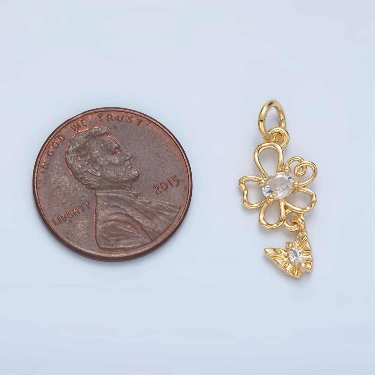 24K Gold Filled Clear CZ Open Flower Butterfly Drop Mini Charm | X299