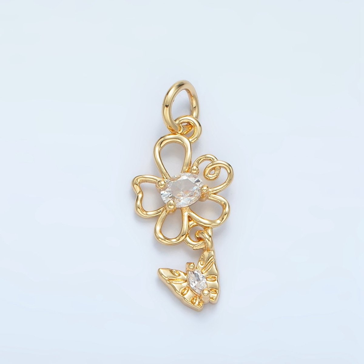 24K Gold Filled Clear CZ Open Flower Butterfly Drop Mini Charm | X299