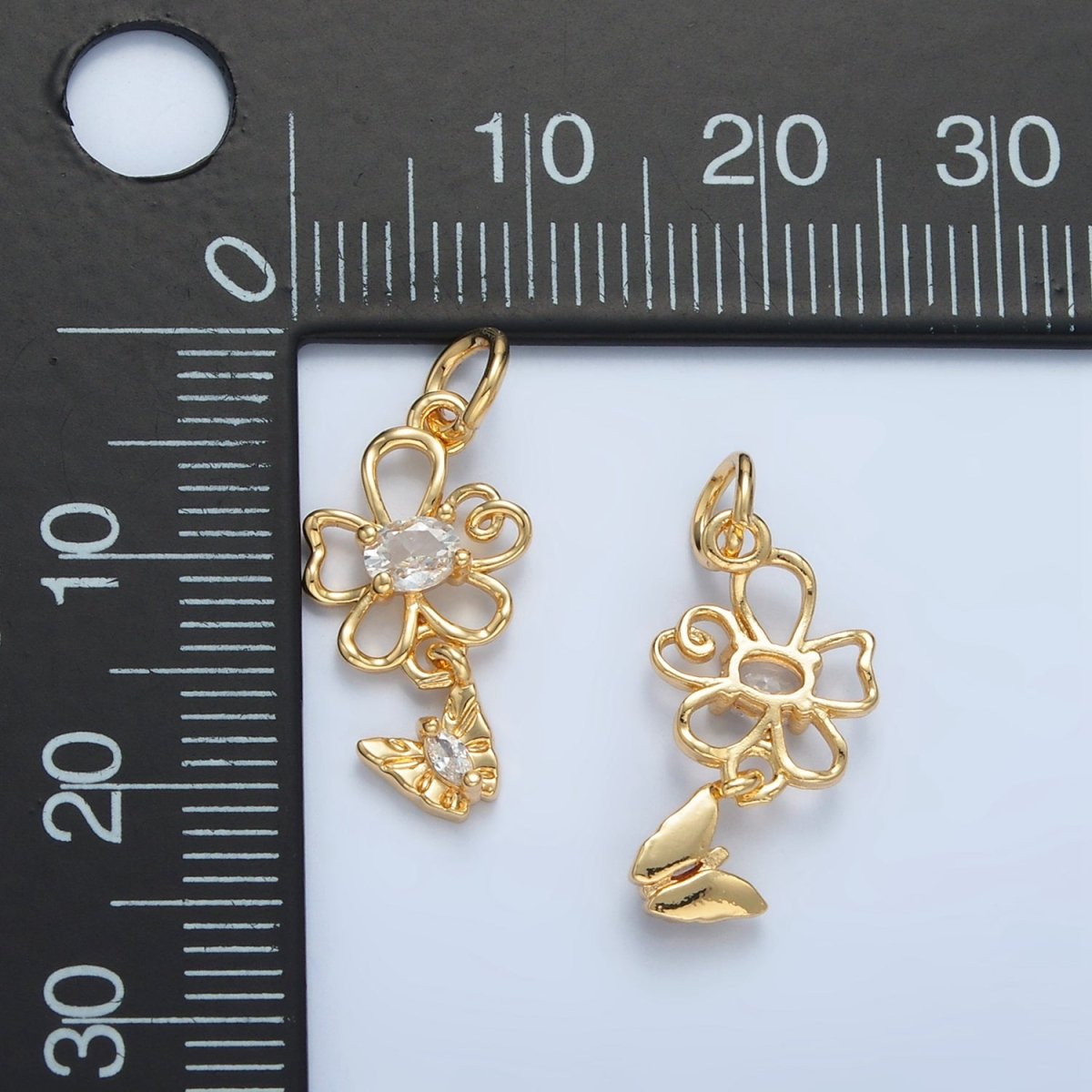 24K Gold Filled Clear CZ Open Flower Butterfly Drop Mini Charm | X299
