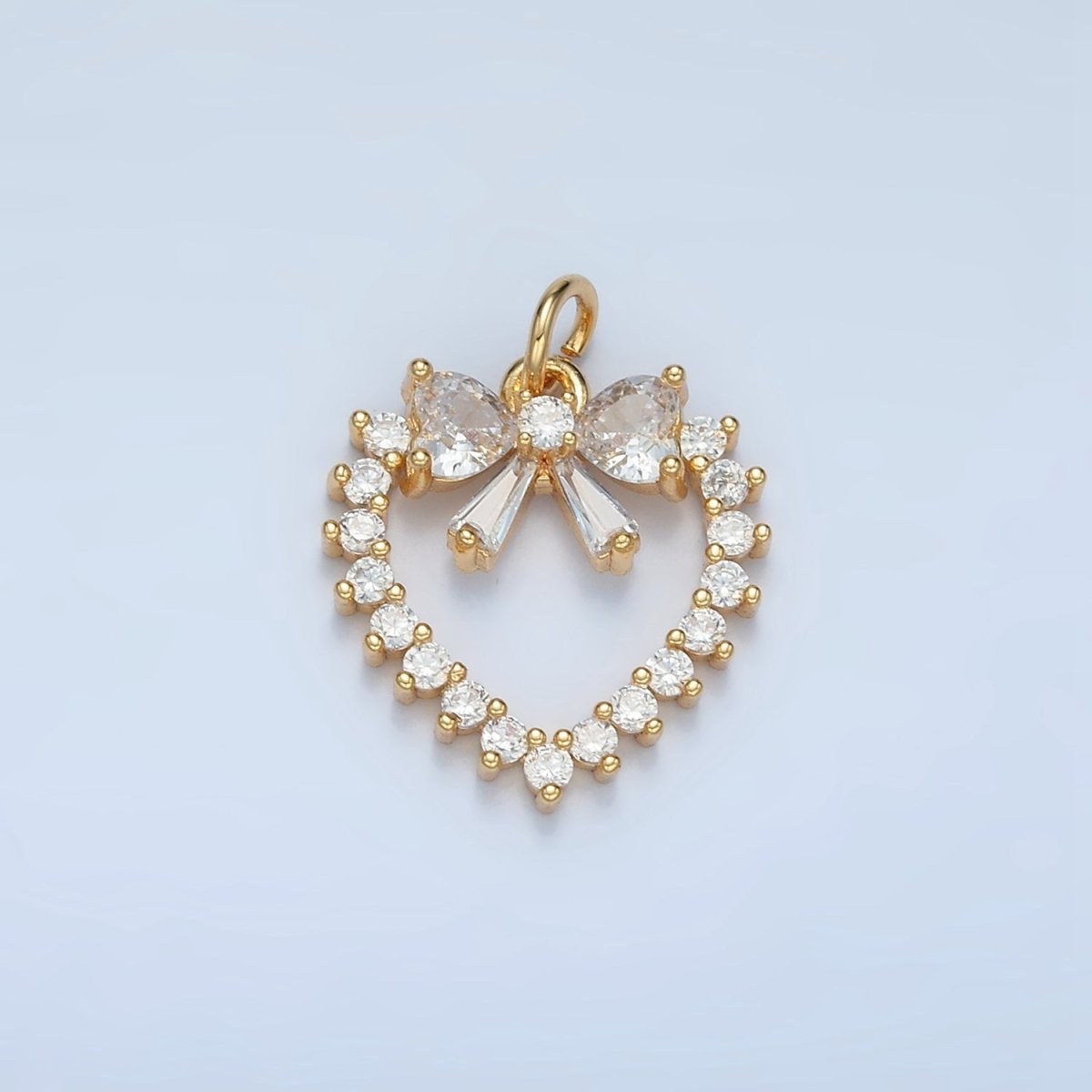 24K Gold Filled Clear CZ Open Heart Ribbon Bow Charm | E733