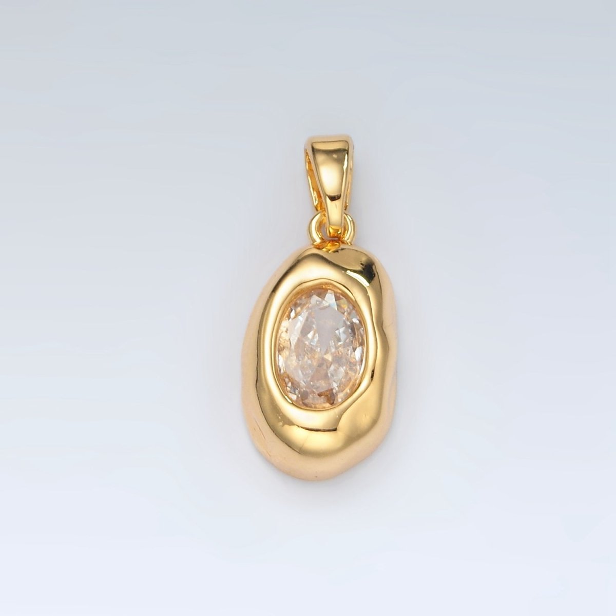24K Gold Filled Clear CZ Oval Hammered Bezel Pendant | H792