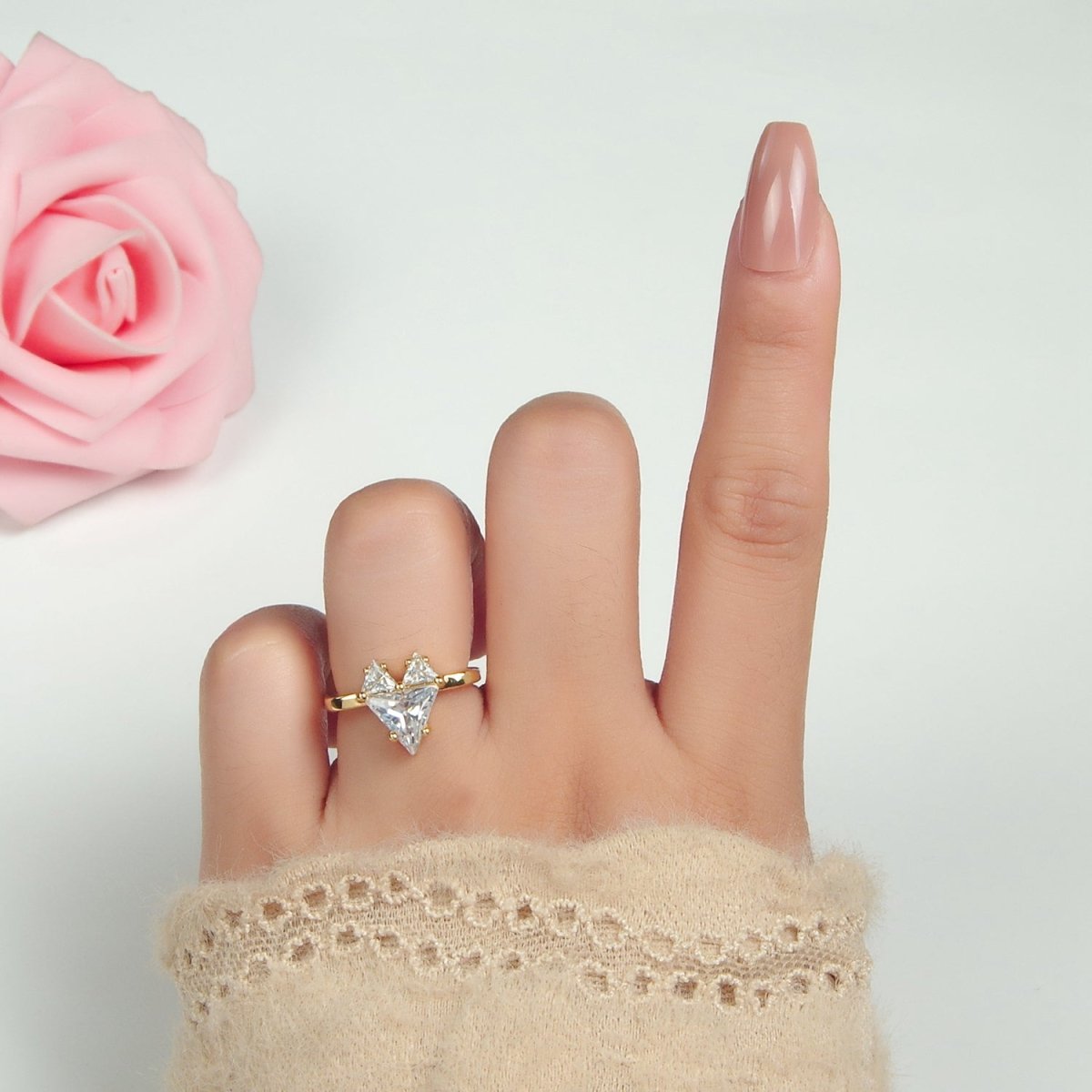24K Gold Filled Clear CZ Pixel Heart Solitaire Ring | U342