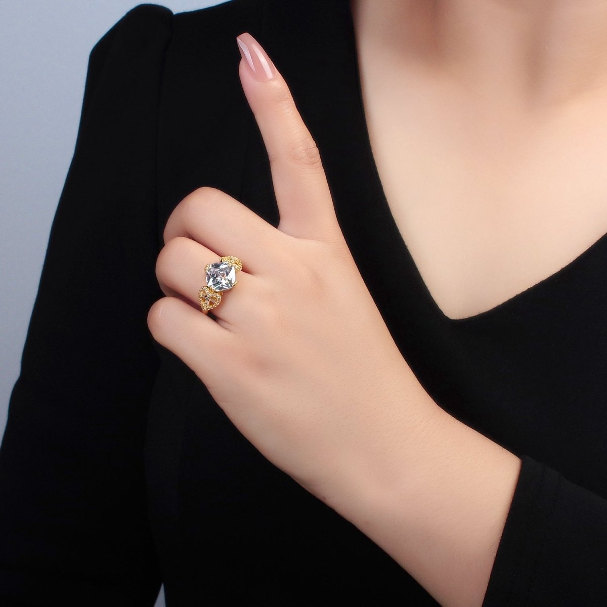 24K Gold Filled Clear CZ Rhombus Micro Paved CZ Artisan Heart Solitaire Ring | U338