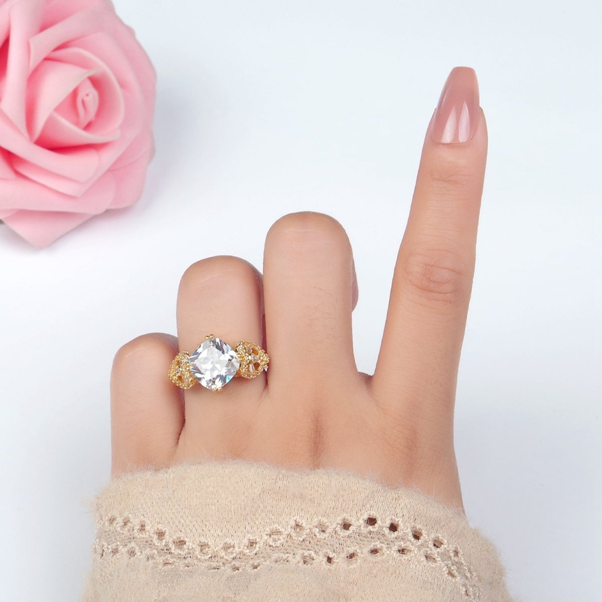 24K Gold Filled Clear CZ Rhombus Micro Paved CZ Artisan Heart Solitaire Ring | U338