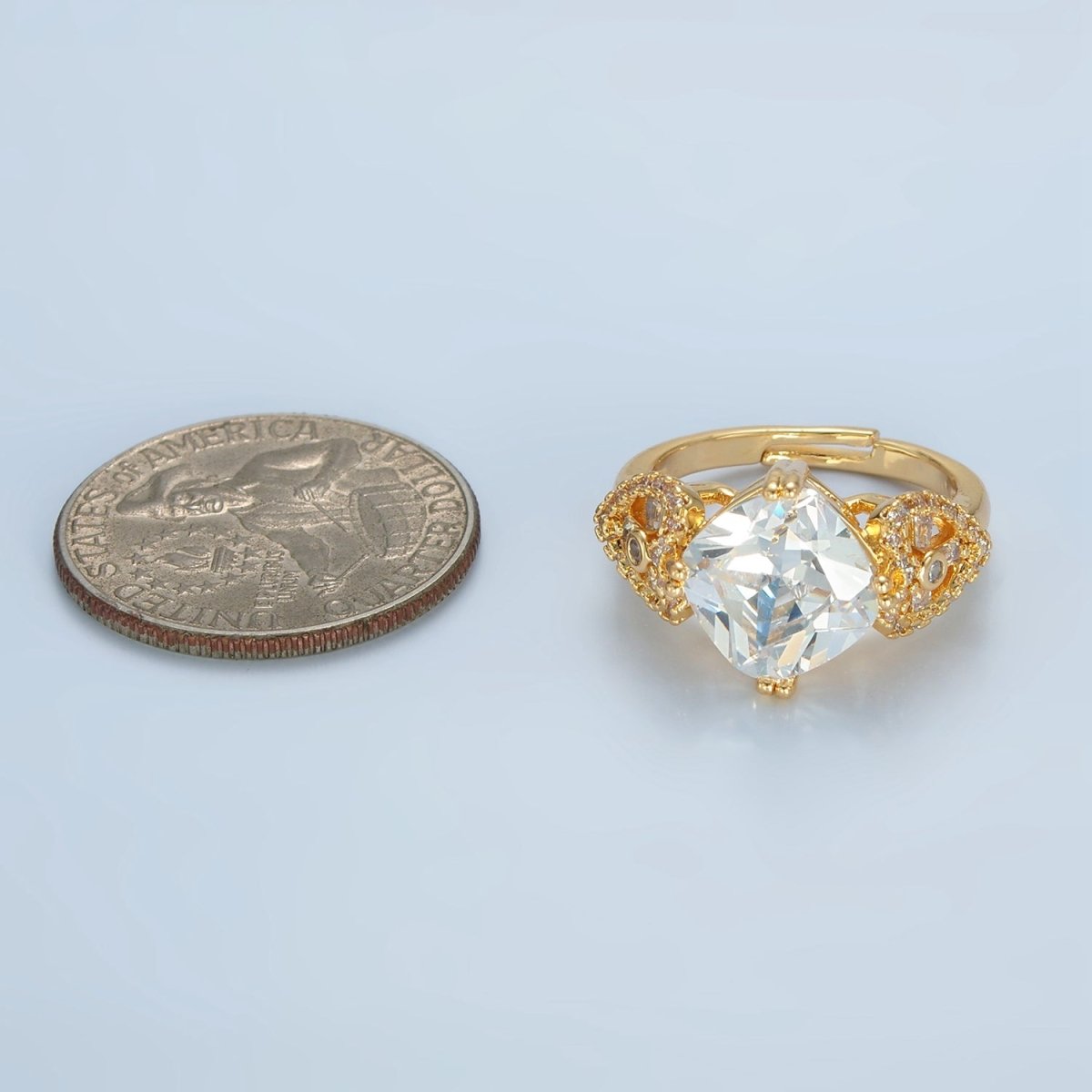24K Gold Filled Clear CZ Rhombus Micro Paved CZ Artisan Heart Solitaire Ring | U338