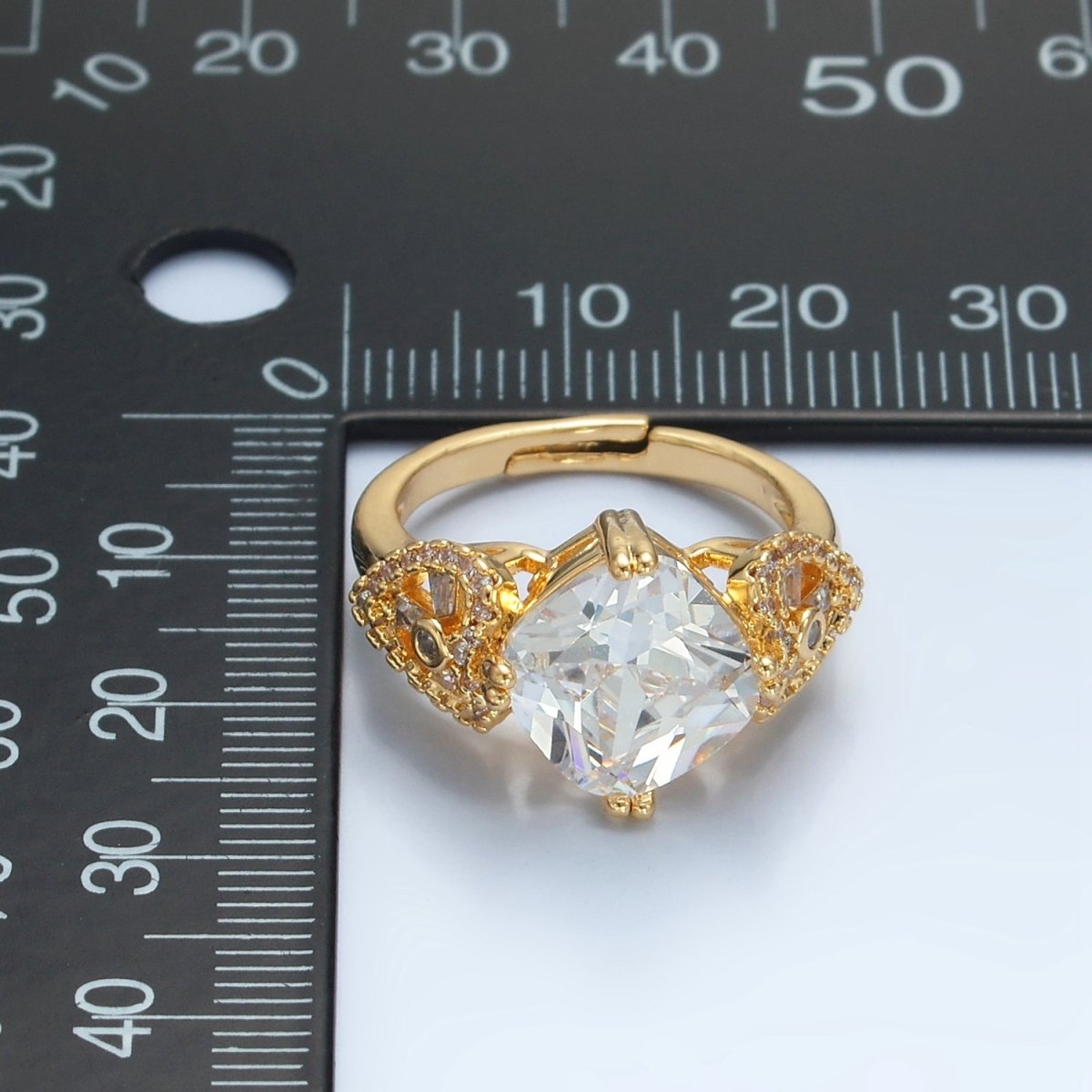 24K Gold Filled Clear CZ Rhombus Micro Paved CZ Artisan Heart Solitaire Ring | U338