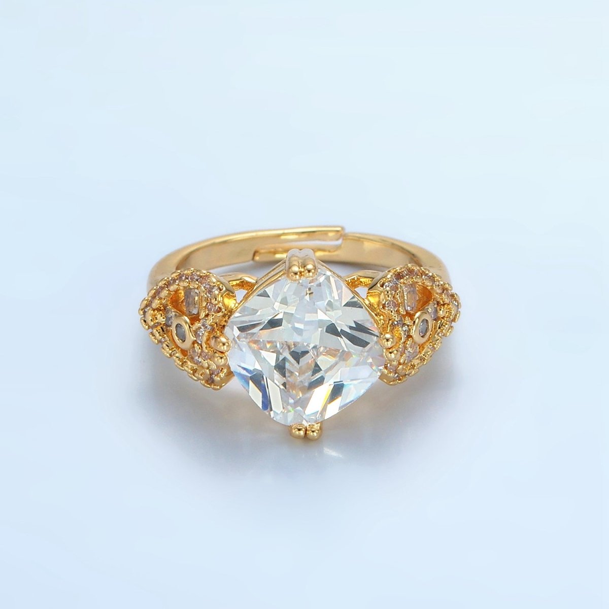 24K Gold Filled Clear CZ Rhombus Micro Paved CZ Artisan Heart Solitaire Ring | U338