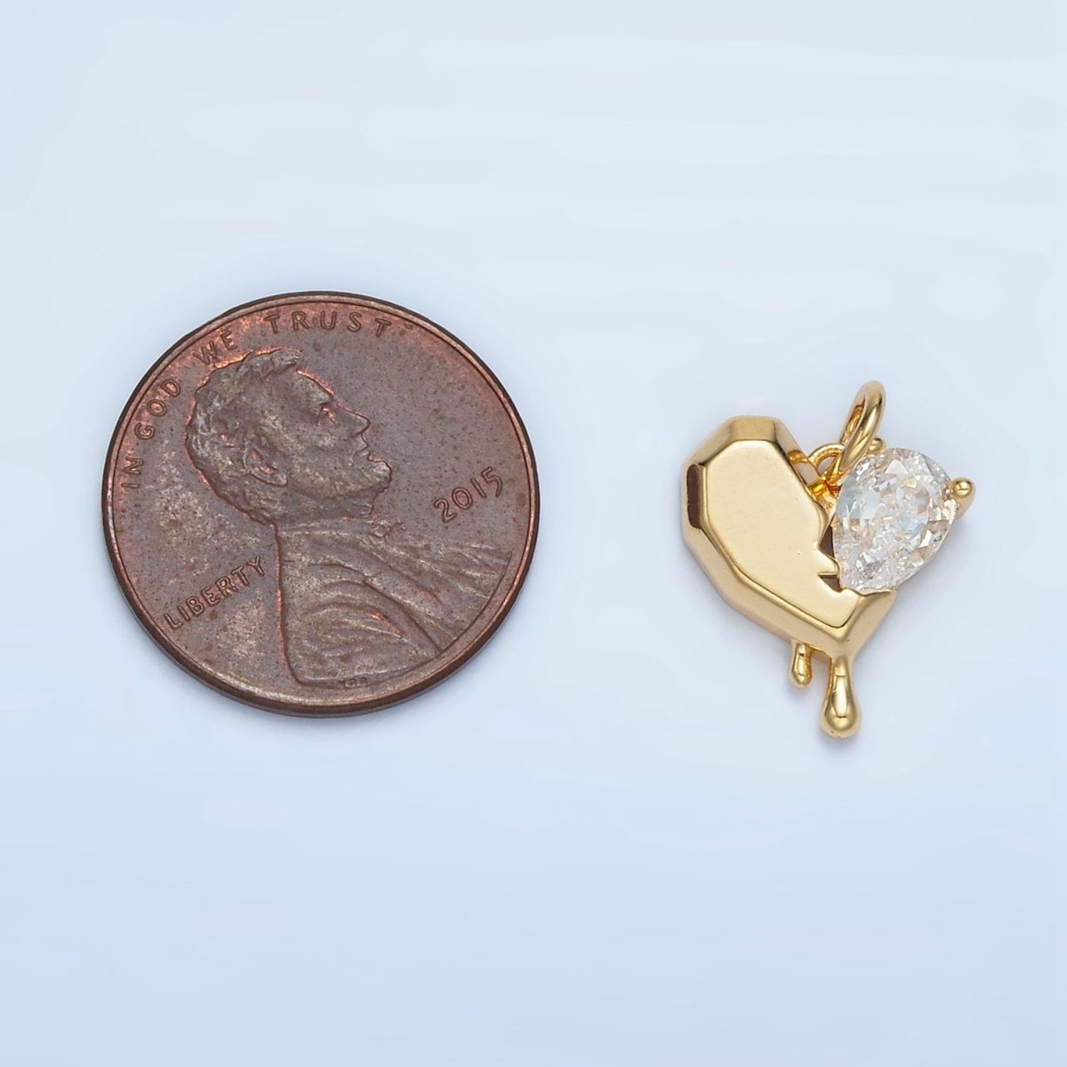 24K Gold Filled Clear CZ Teardrop Edged Molten Drip Heart Charm | M020