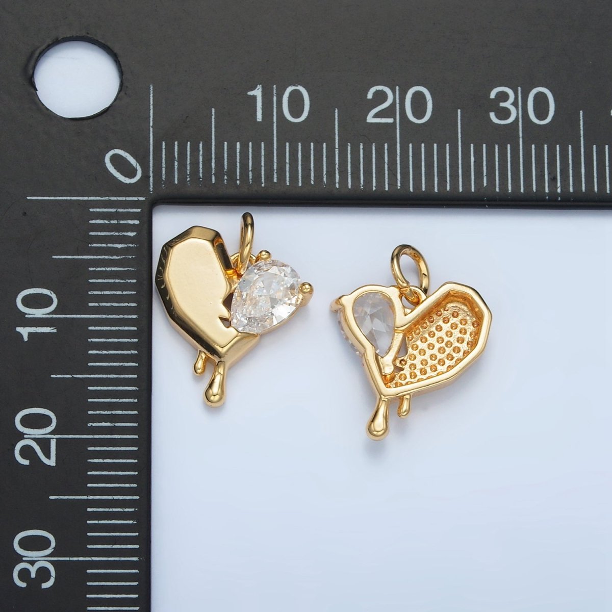 24K Gold Filled Clear CZ Teardrop Edged Molten Drip Heart Charm | M020