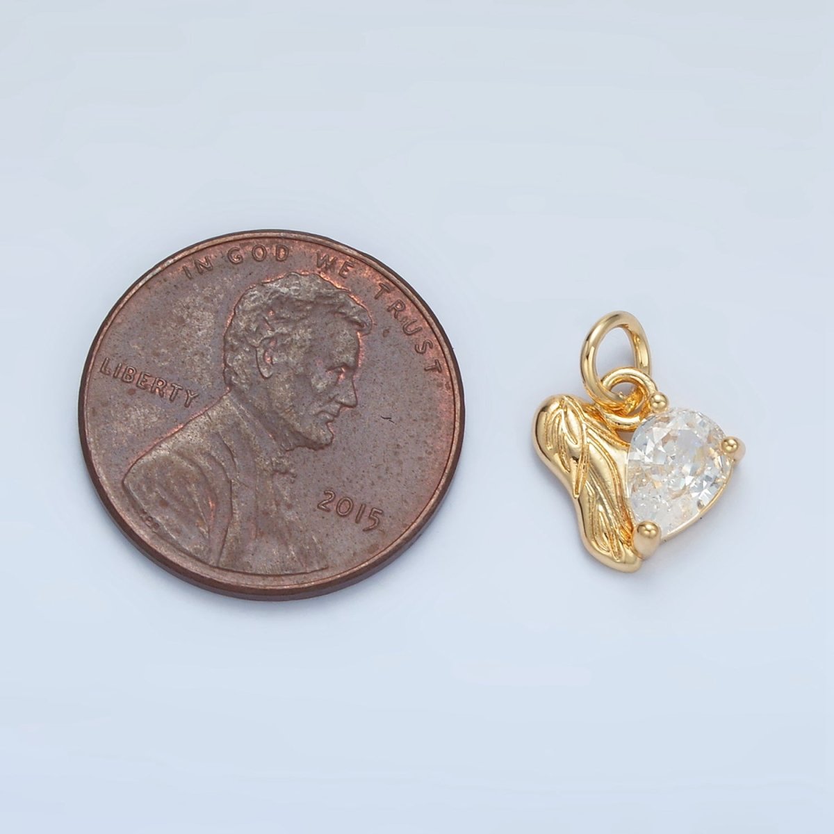 24K Gold Filled Clear CZ Teardrop Engraved Leaf Nature Heart Charm | X293