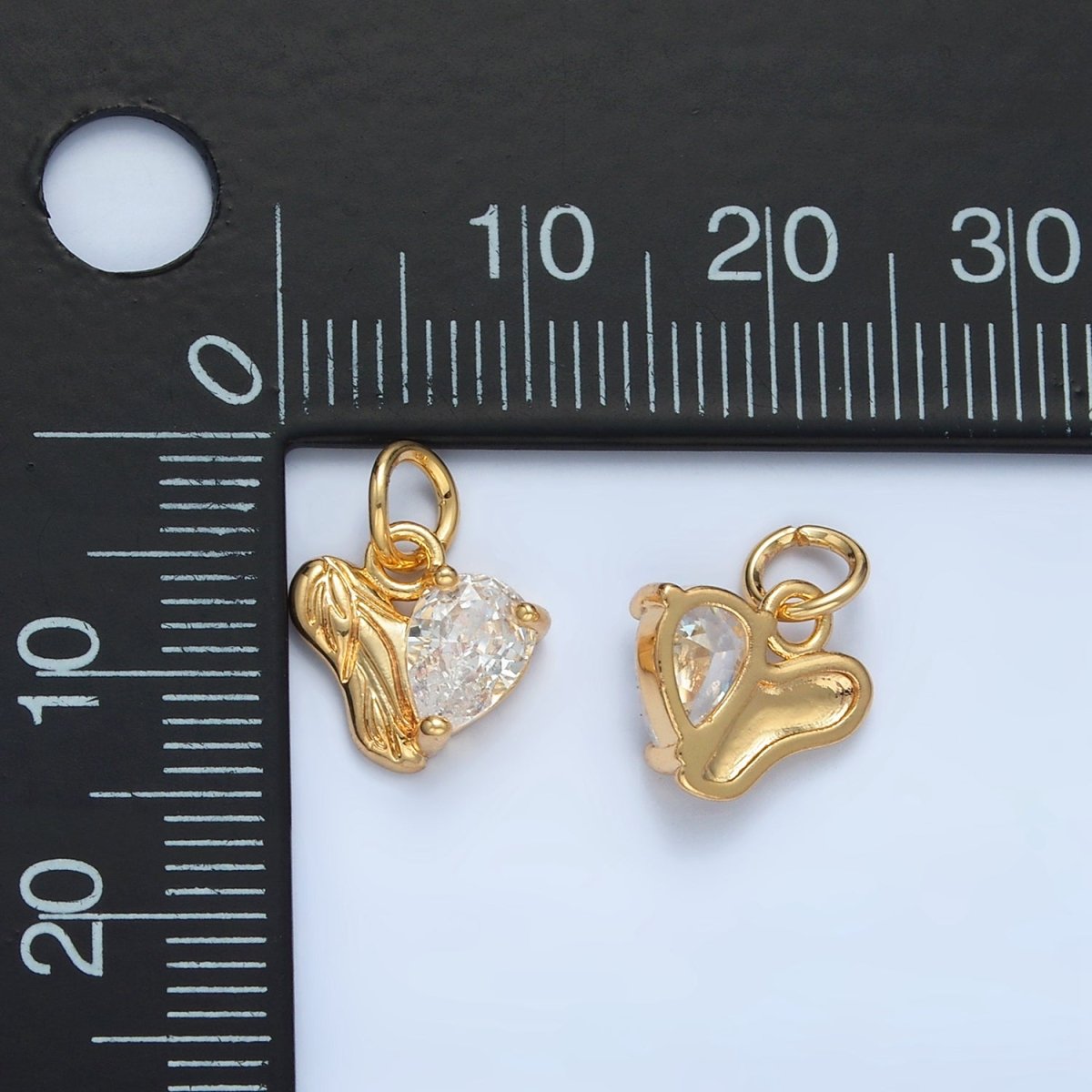 24K Gold Filled Clear CZ Teardrop Engraved Leaf Nature Heart Charm | X293