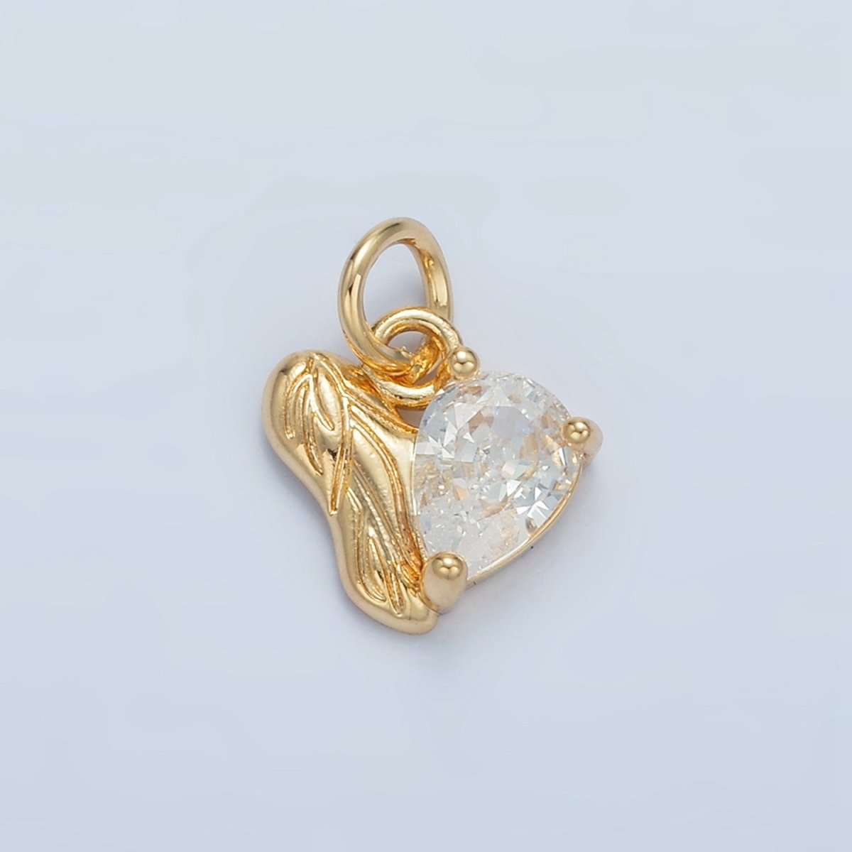 24K Gold Filled Clear CZ Teardrop Engraved Leaf Nature Heart Charm | X293