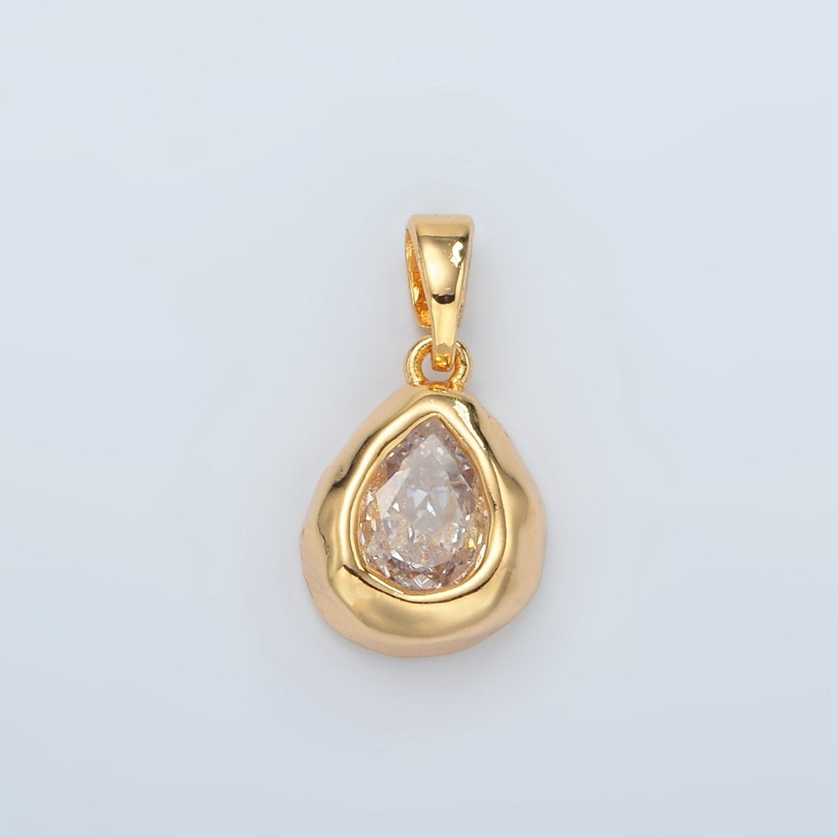 24K Gold Filled Clear CZ Teardrop Hammered Bezel Pendant | H515