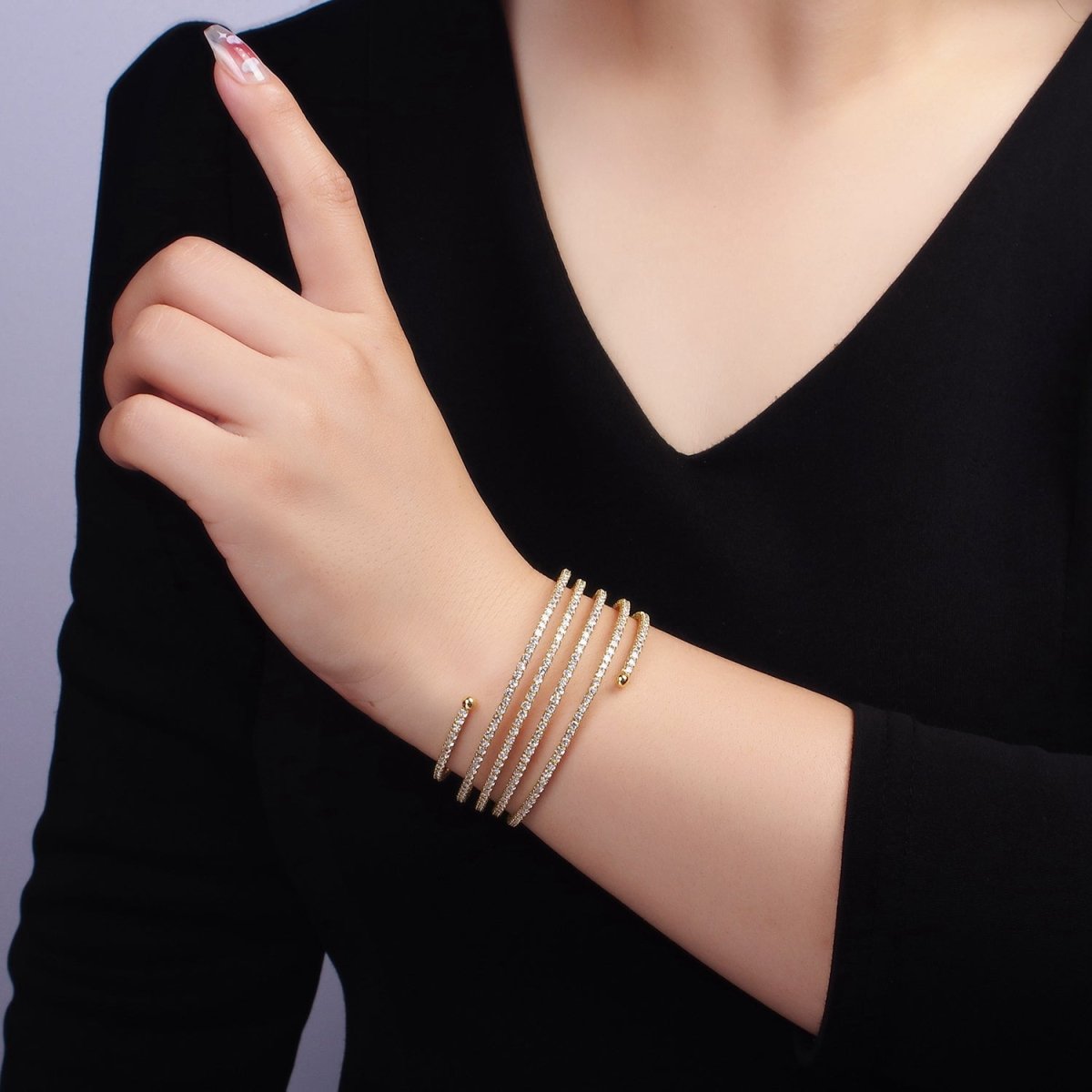 24K Gold Filled Clear CZ Tennis Chain Multiple Band Bangle Cuff Bracelet | WA-2536