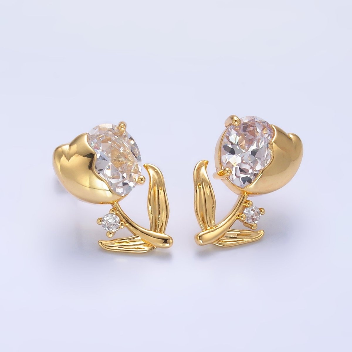 24K Gold Filled Clear CZ Tulip Flower Stud Earrings | AB793