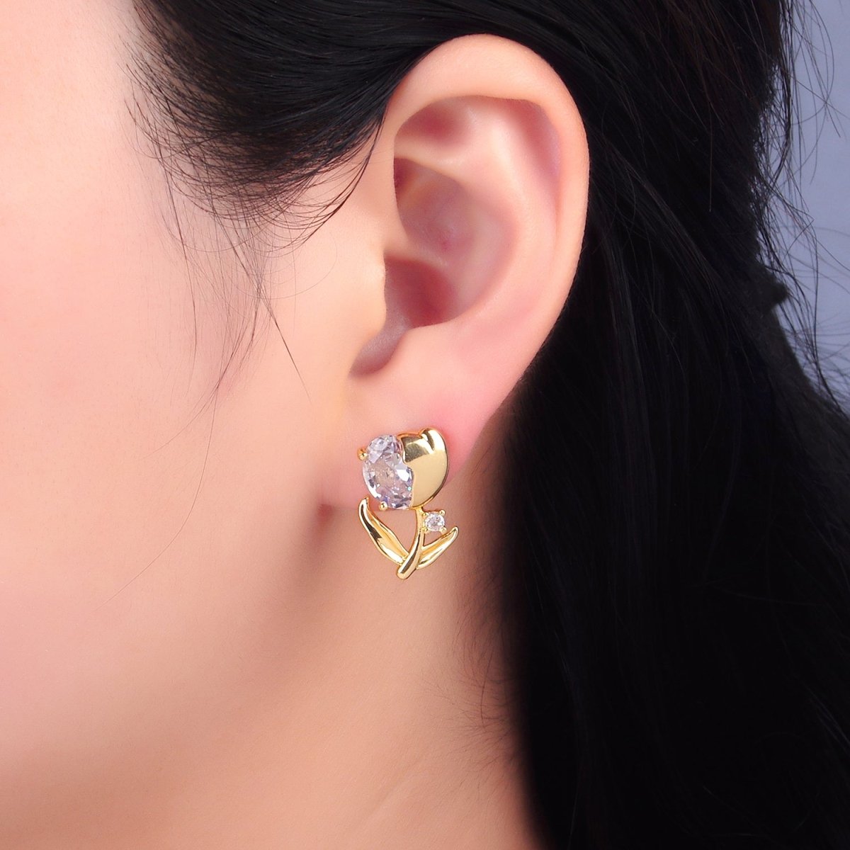 24K Gold Filled Clear CZ Tulip Flower Stud Earrings | AB793