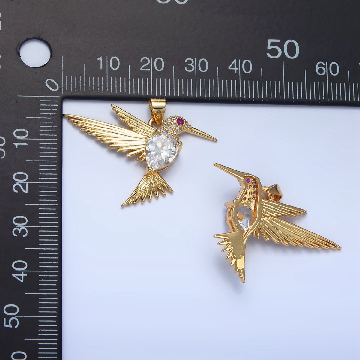 24K Gold Filled Clear Fuchsia CZ Micro Paved Hummingbird Animal Pendant | AA141
