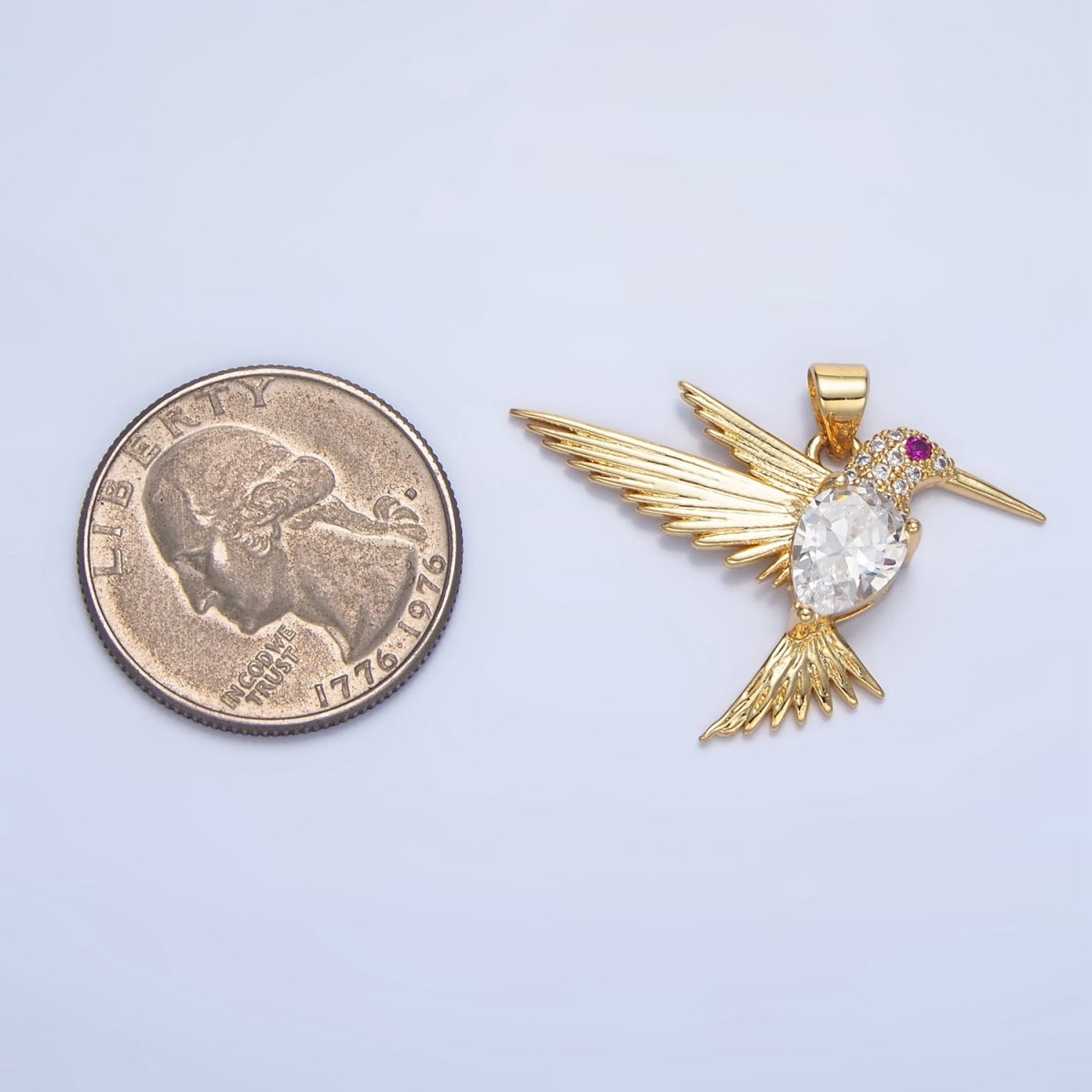 24K Gold Filled Clear Fuchsia CZ Micro Paved Hummingbird Animal Pendant | AA141