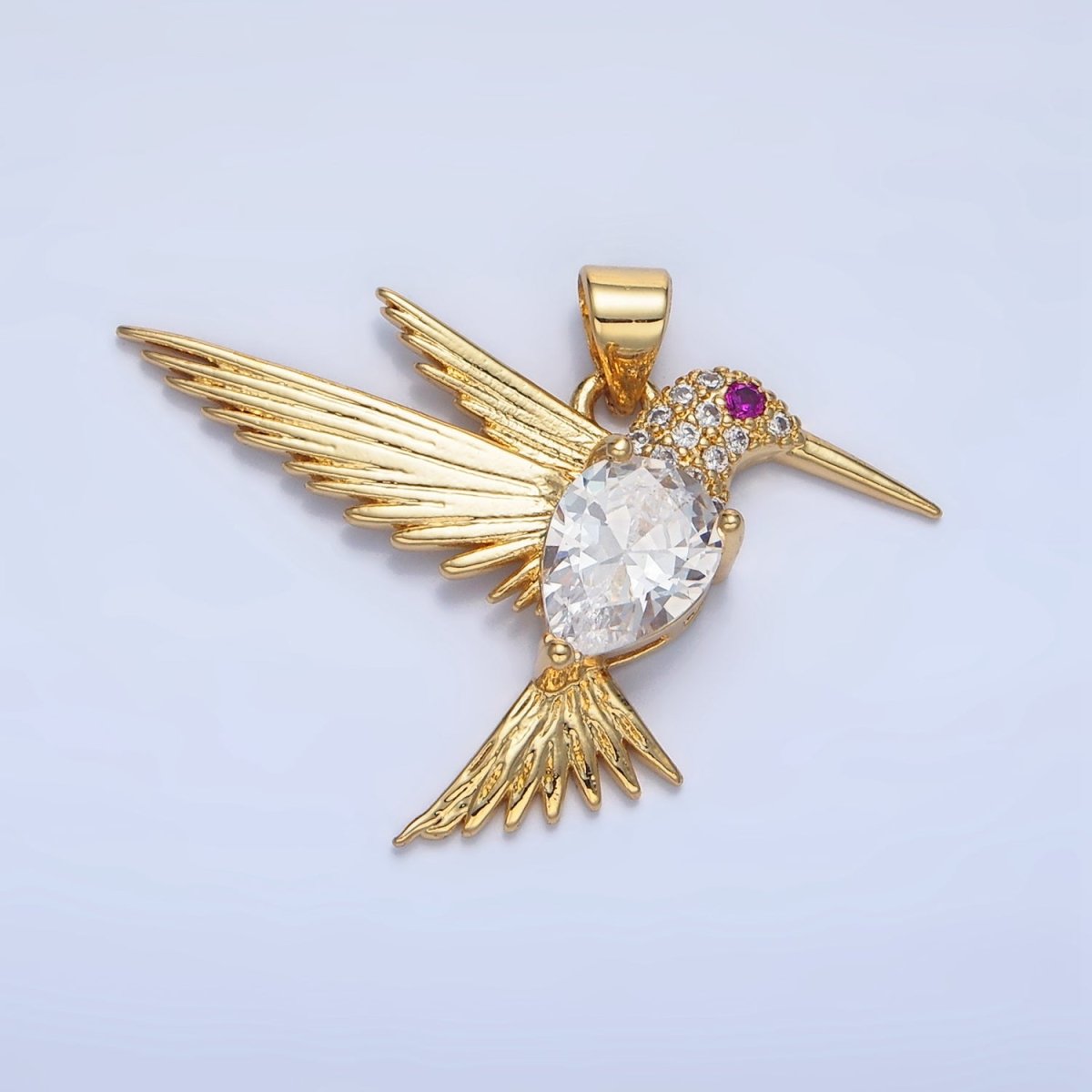 24K Gold Filled Clear Fuchsia CZ Micro Paved Hummingbird Animal Pendant | AA141