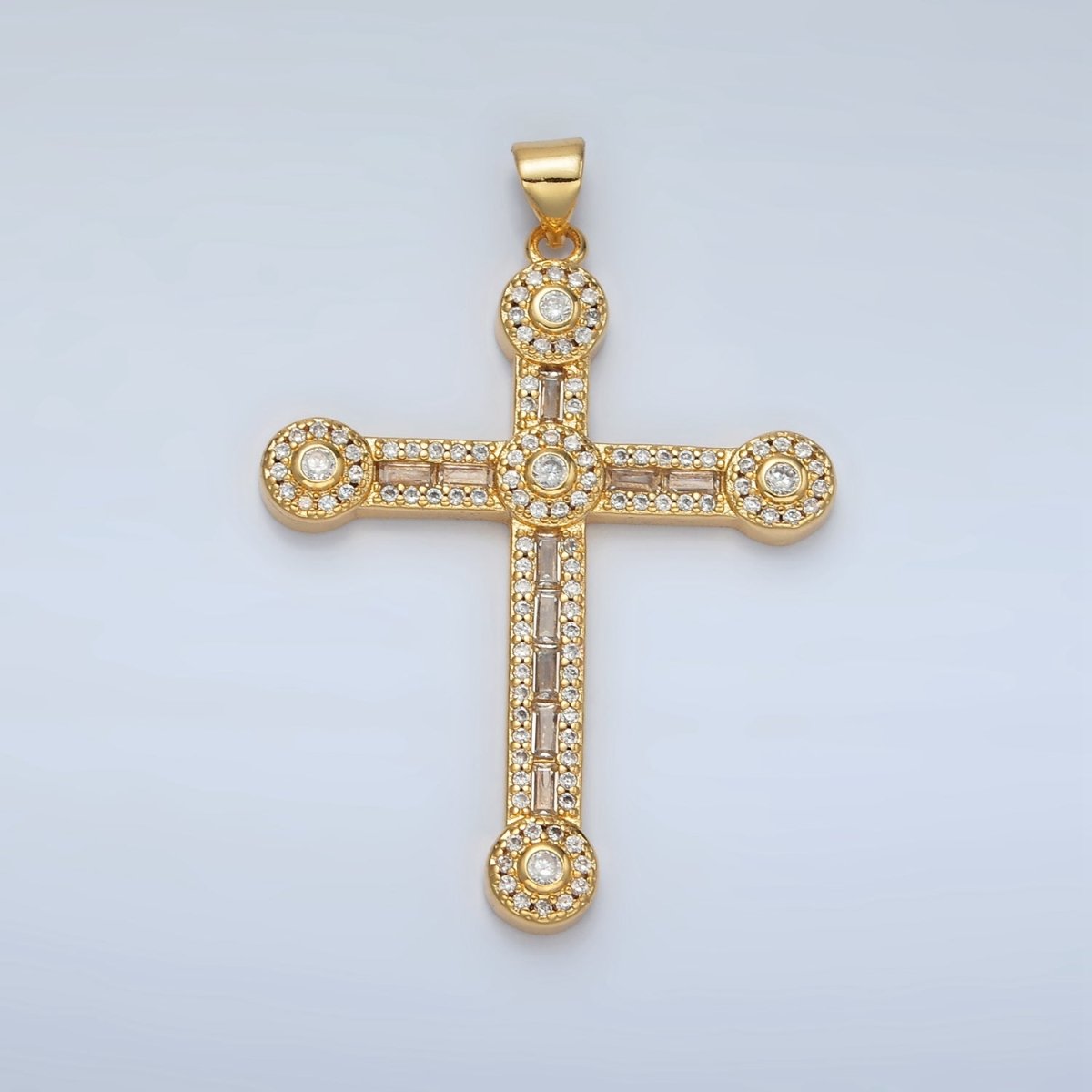 24K Gold Filled Clear, Fuchsia, Multicolor Baguette Micro Paved Round Religious Cross Pendant | I423 I424