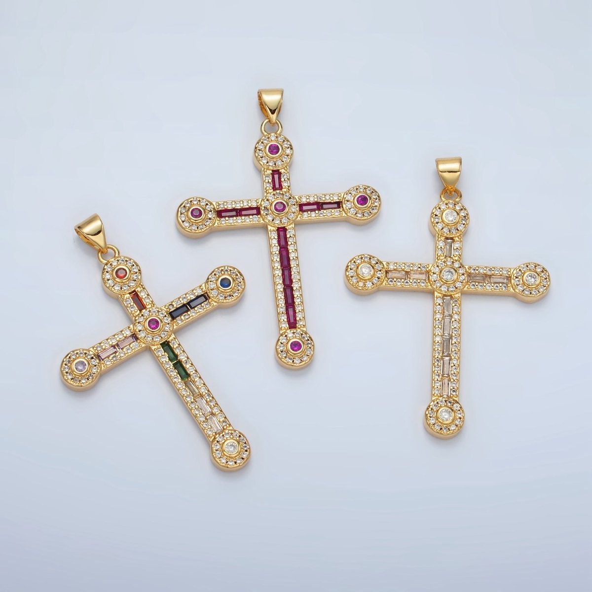 24K Gold Filled Clear, Fuchsia, Multicolor Baguette Micro Paved Round Religious Cross Pendant | I423 I424