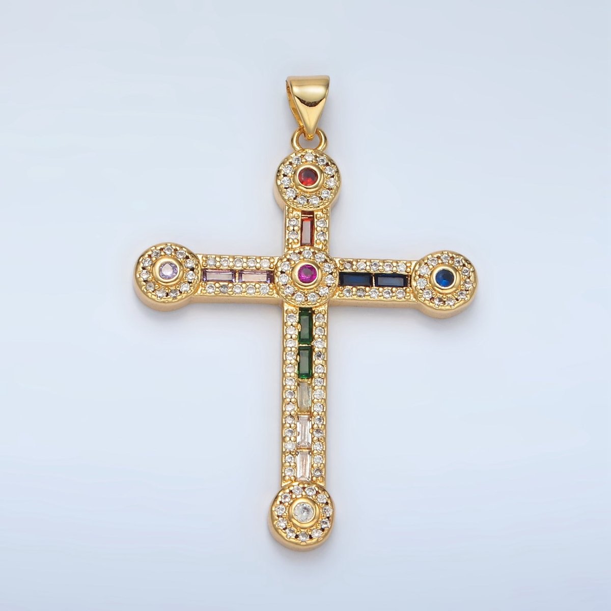 24K Gold Filled Clear, Fuchsia, Multicolor Baguette Micro Paved Round Religious Cross Pendant | I423 I424