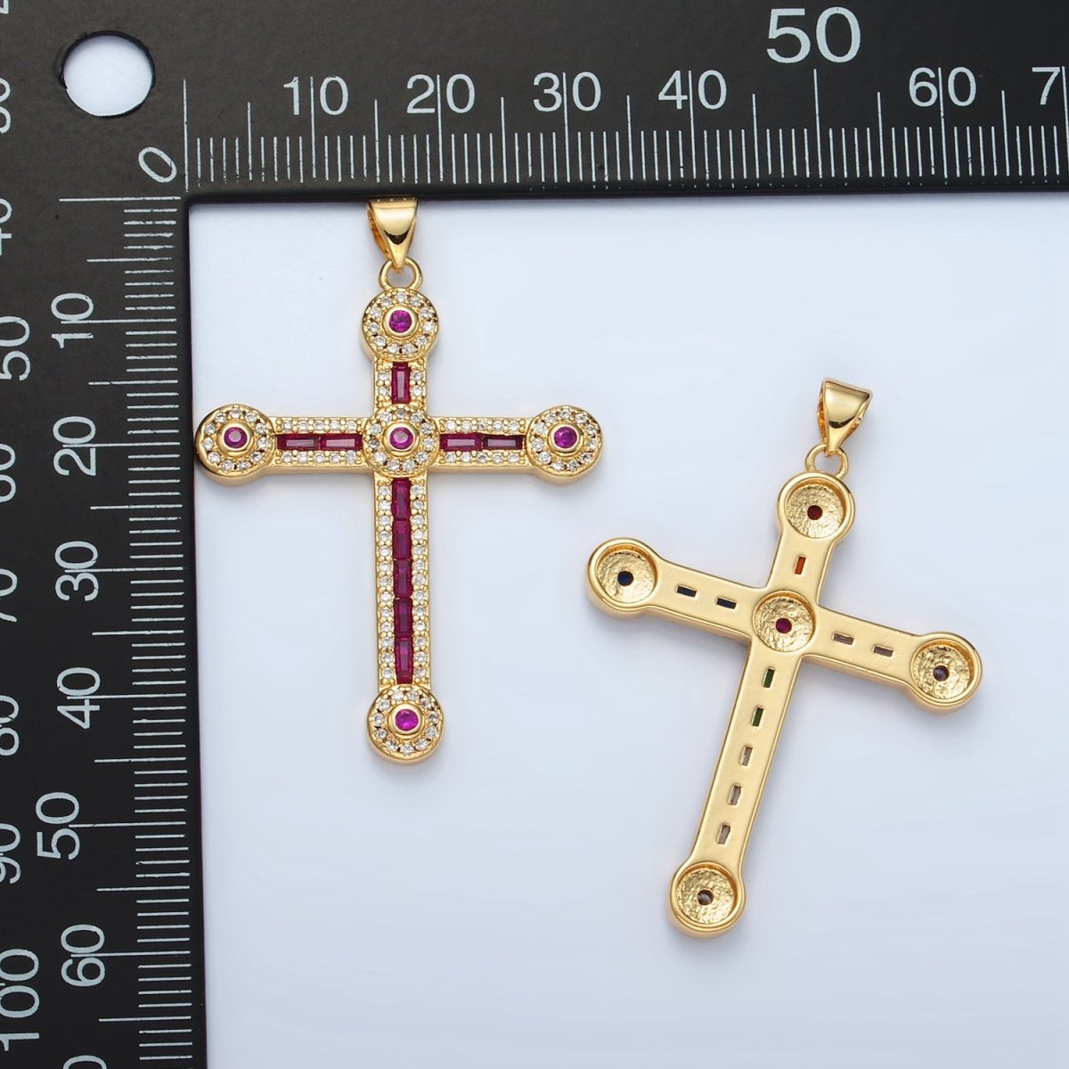 24K Gold Filled Clear, Fuchsia, Multicolor Baguette Micro Paved Round Religious Cross Pendant | I423 I424