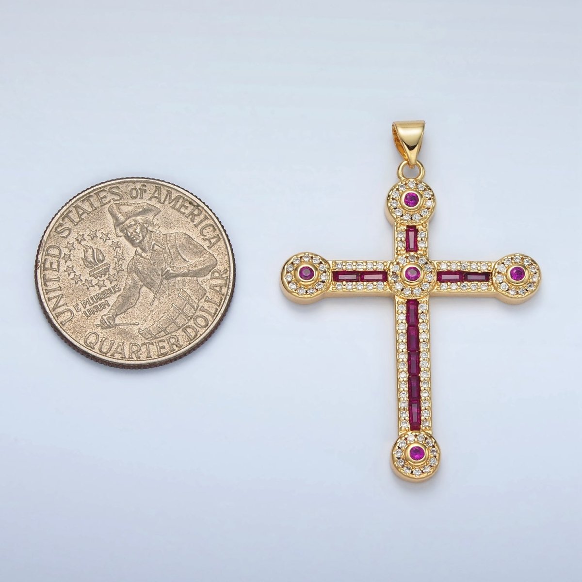 24K Gold Filled Clear, Fuchsia, Multicolor Baguette Micro Paved Round Religious Cross Pendant | I423 I424