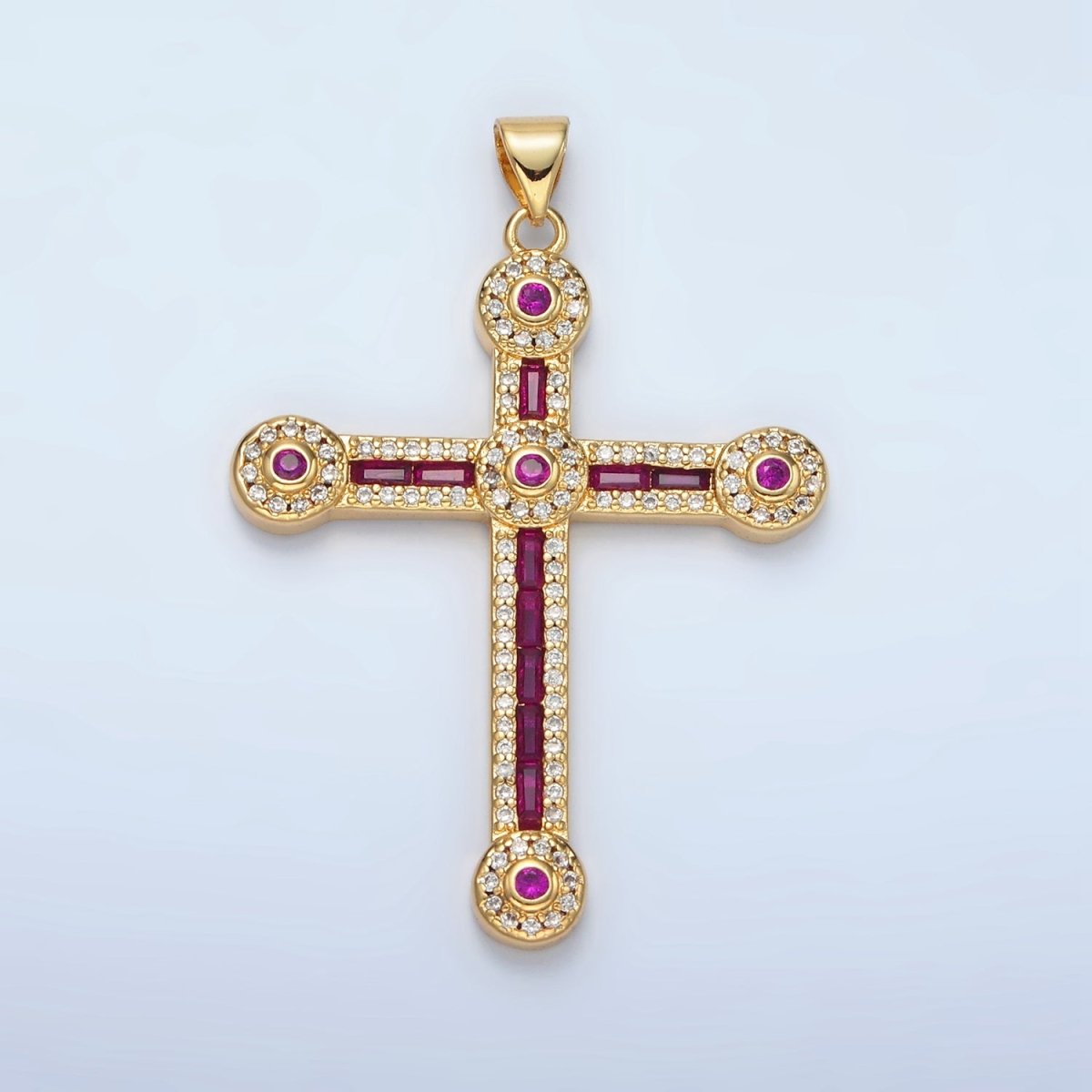 24K Gold Filled Clear, Fuchsia, Multicolor Baguette Micro Paved Round Religious Cross Pendant | I423 I424