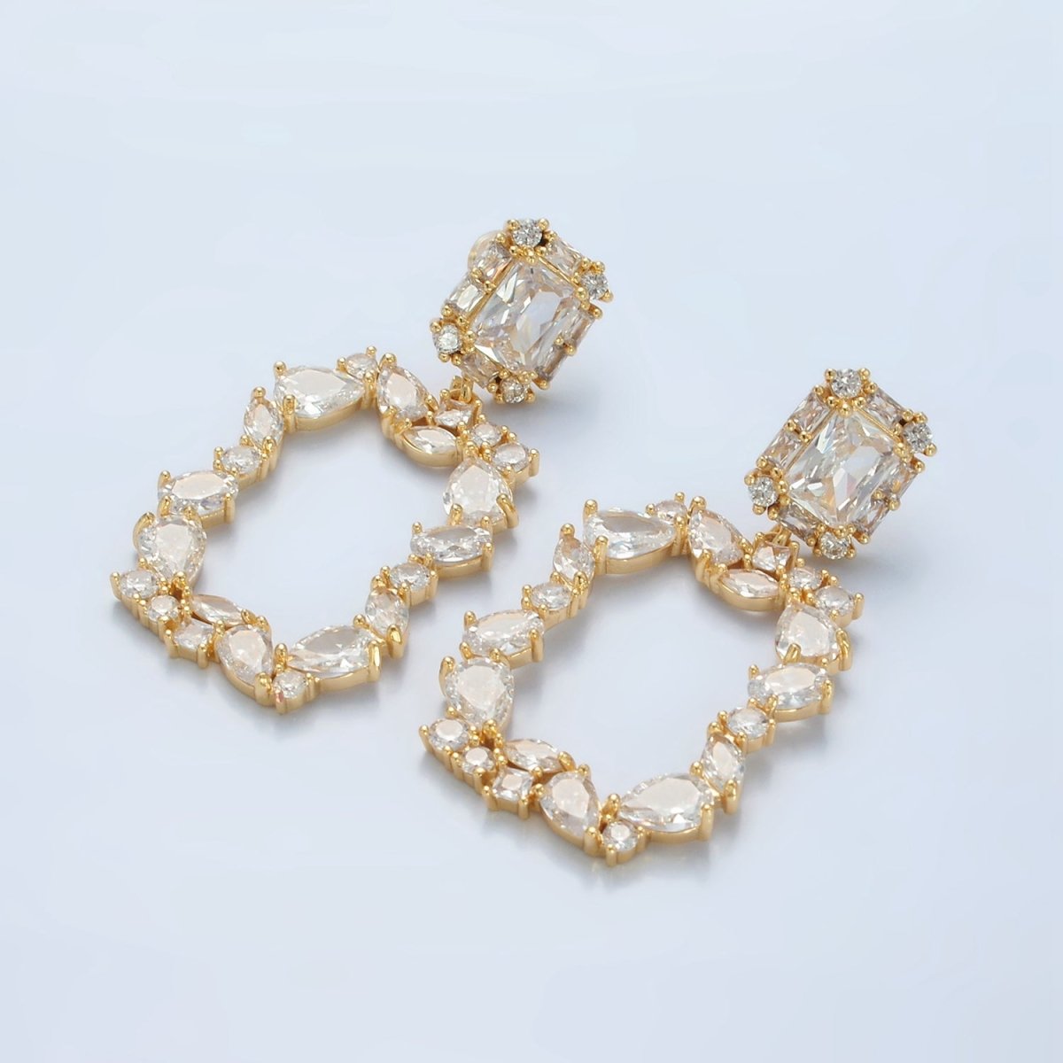 24K Gold Filled Clear Geometric CZ Open Rectangle Drop Stud Earrings | AD748