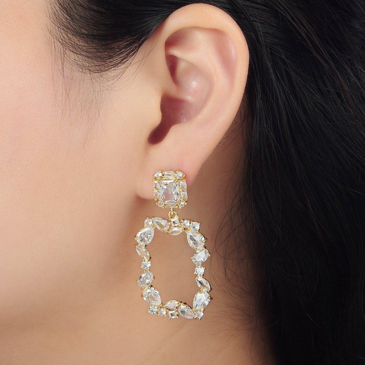 24K Gold Filled Clear Geometric CZ Open Rectangle Drop Stud Earrings | AD748