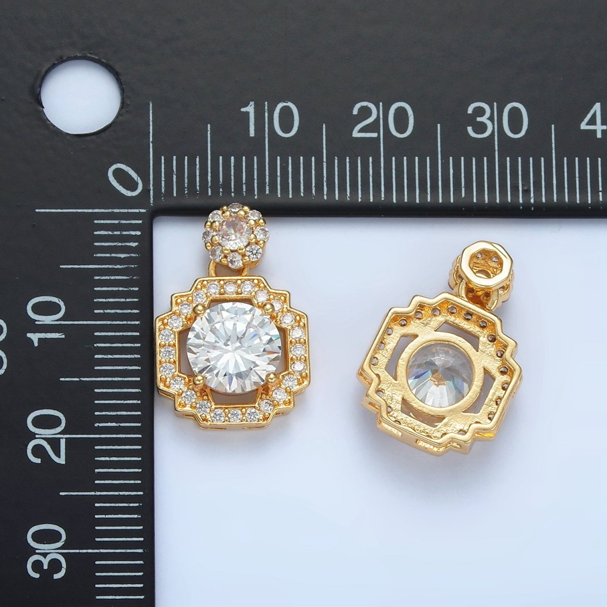 24K Gold Filled Clear Micro Paved Geometric Square Round Drop Pendant | AA893