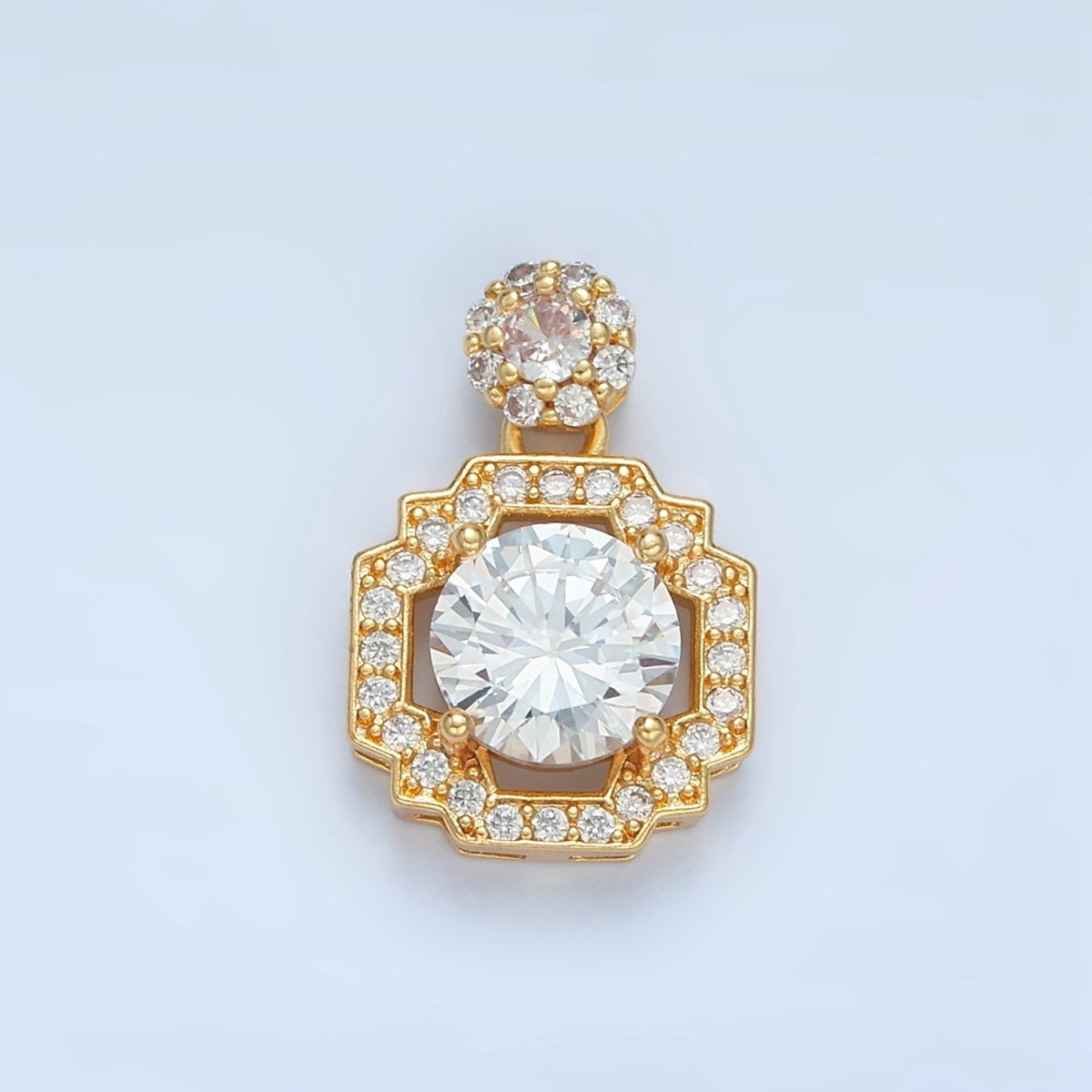24K Gold Filled Clear Micro Paved Geometric Square Round Drop Pendant | AA893