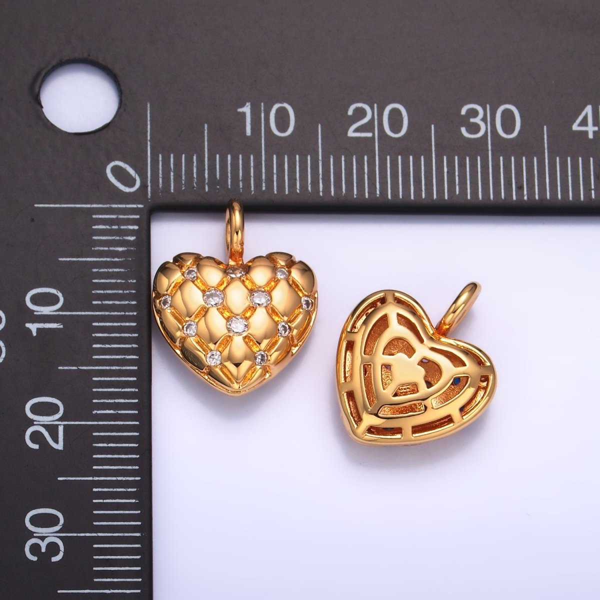 24K Gold Filled Clear, Multicolor CZ Quilted Heart Charm | W262 W263