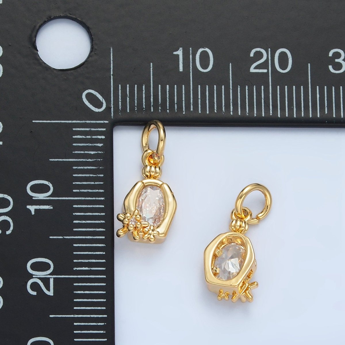 24K Gold Filled Clear Oval CZ Hexagonal Bezel Flower Charm | X300