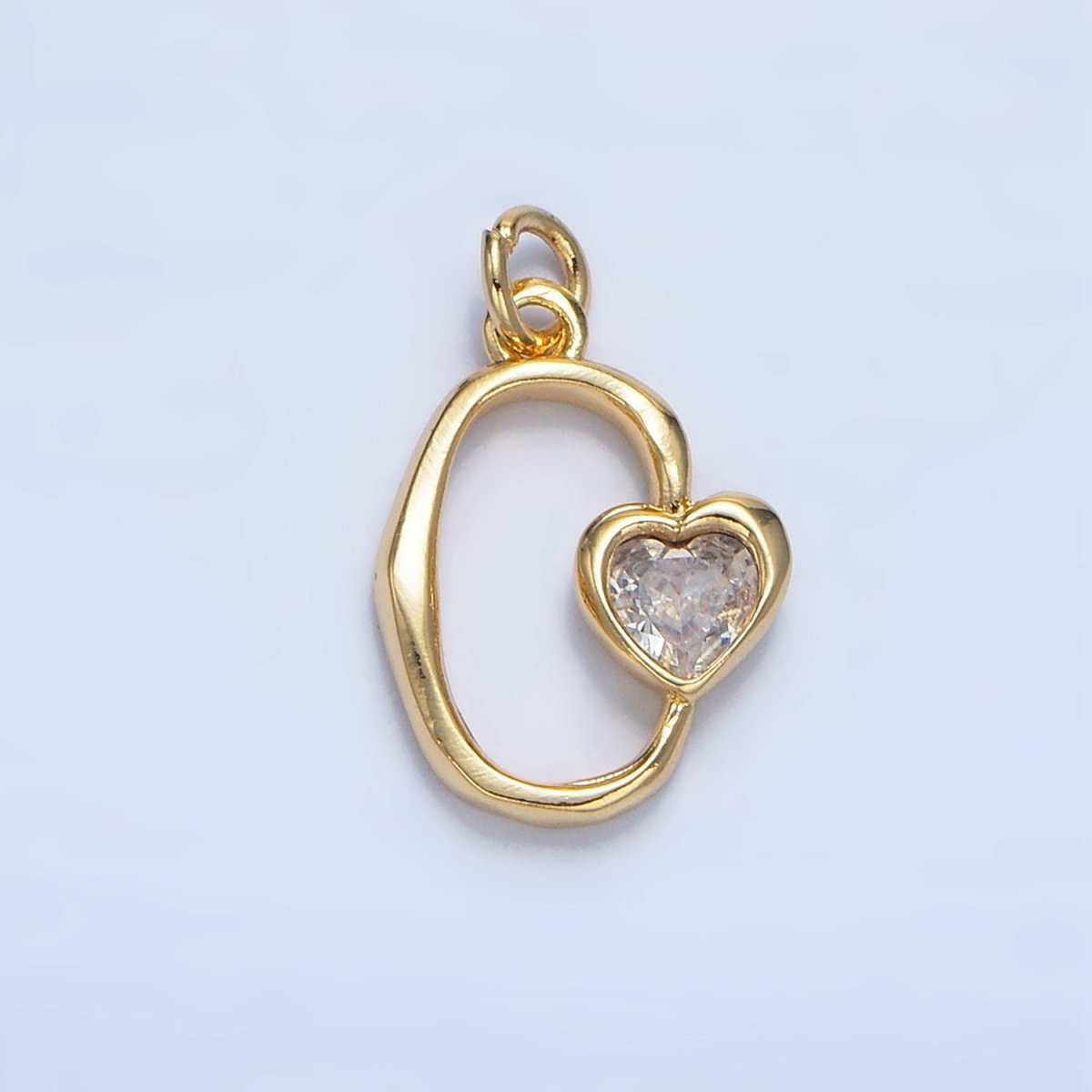 24K Gold Filled Clear, Pink CZ Heart Open Molten Oblong Charm | X856
