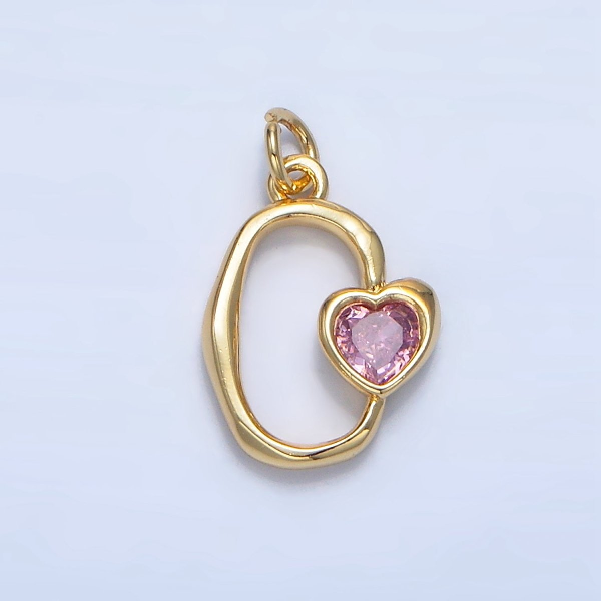 24K Gold Filled Clear, Pink CZ Heart Open Molten Oblong Charm | X856