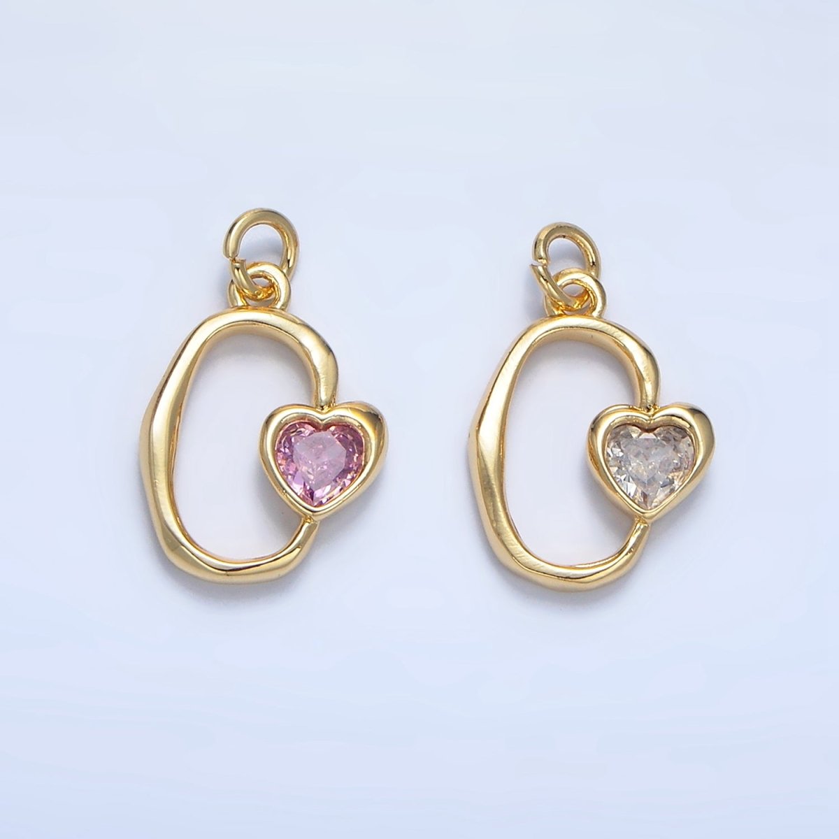 24K Gold Filled Clear, Pink CZ Heart Open Molten Oblong Charm | X856