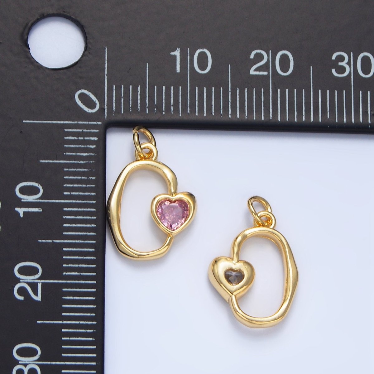 24K Gold Filled Clear, Pink CZ Heart Open Molten Oblong Charm | X856