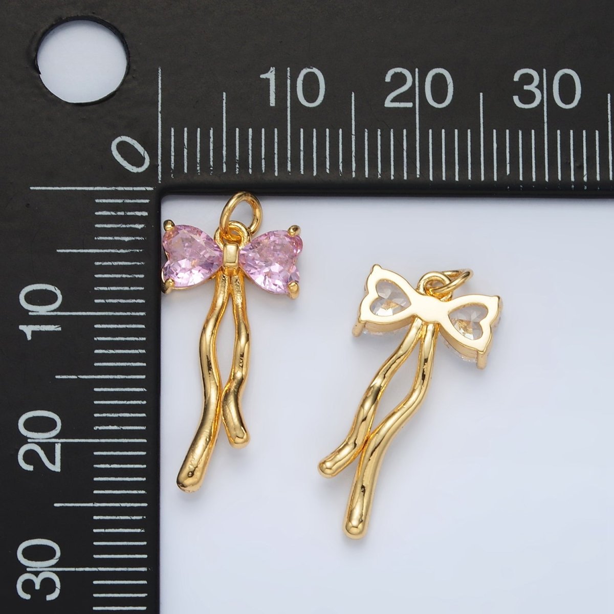 24K Gold Filled Clear, Pink CZ Ribbon Bow Drop Mini Charm | AC101