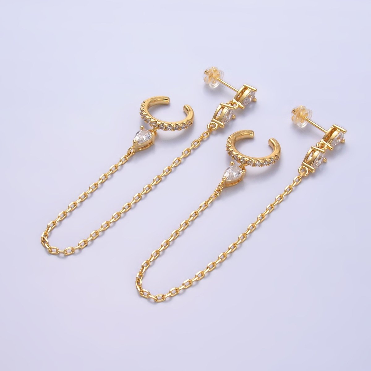 24K Gold Filled Clear Teardrop CZ Micro Paved Drop Stud Ear Cuff Earrings | AB1415