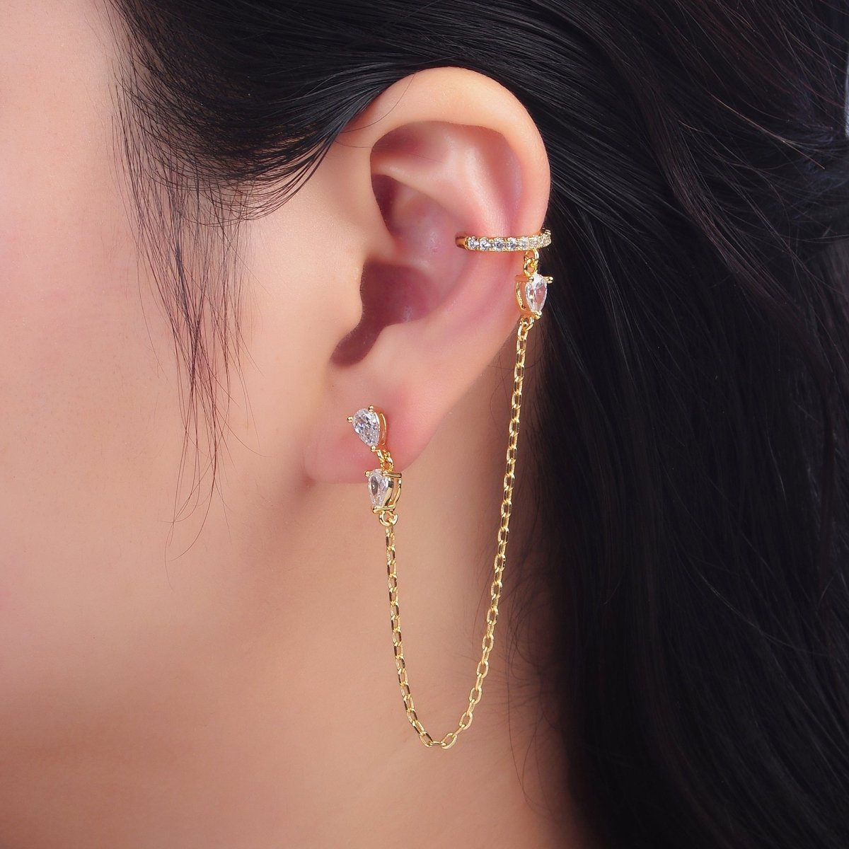 24K Gold Filled Clear Teardrop CZ Micro Paved Drop Stud Ear Cuff Earrings | AB1415