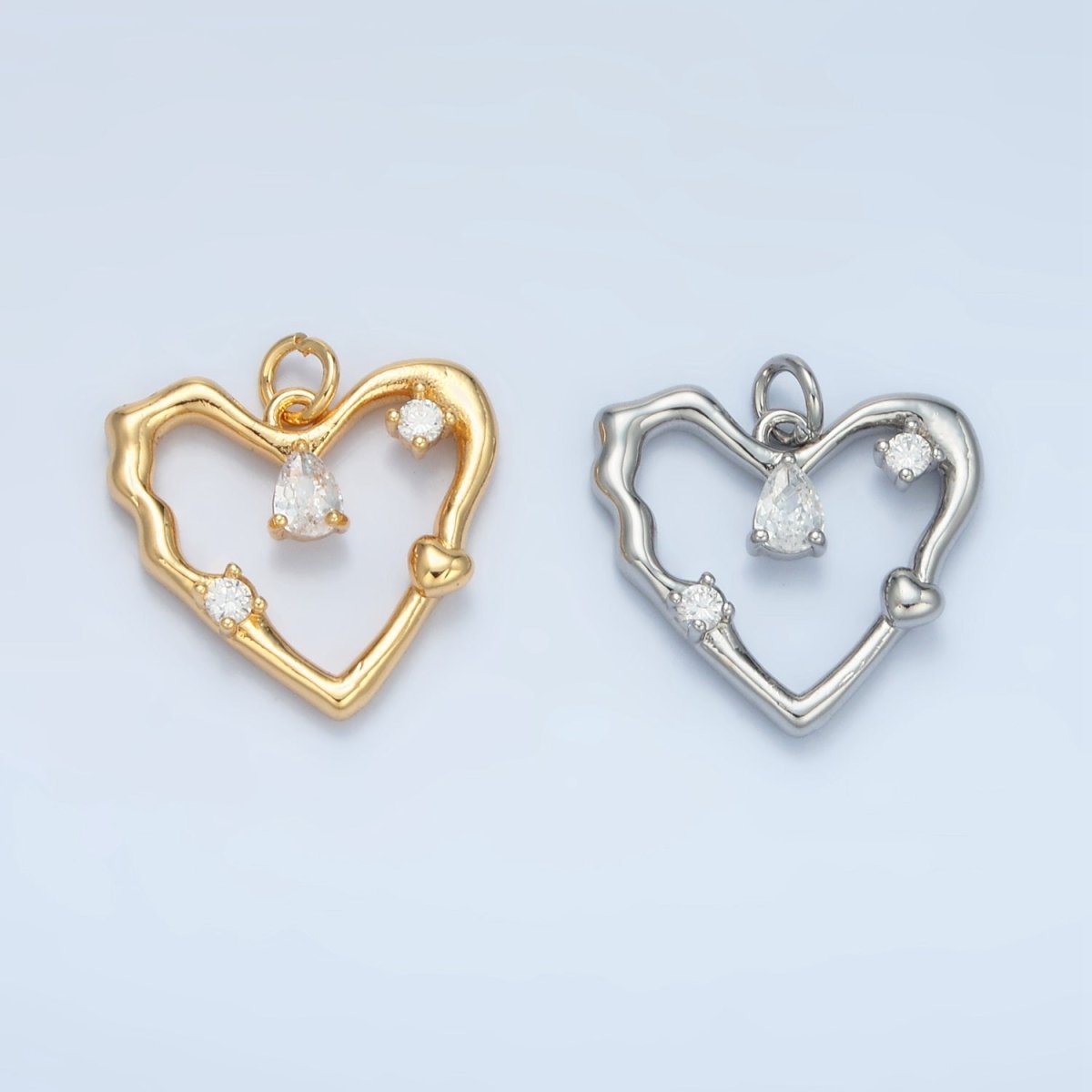 24K Gold Filled Clear Teardrop CZ Open Molten Heart Charm in Gold & Silver | E374