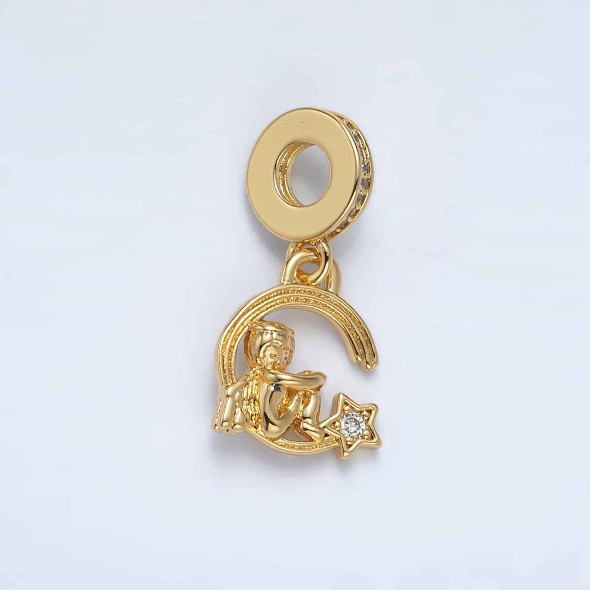 24K Gold Filled Crescent Moon Star Boy Micro Paved Rhondelle Bail Drop Pendant | AC097