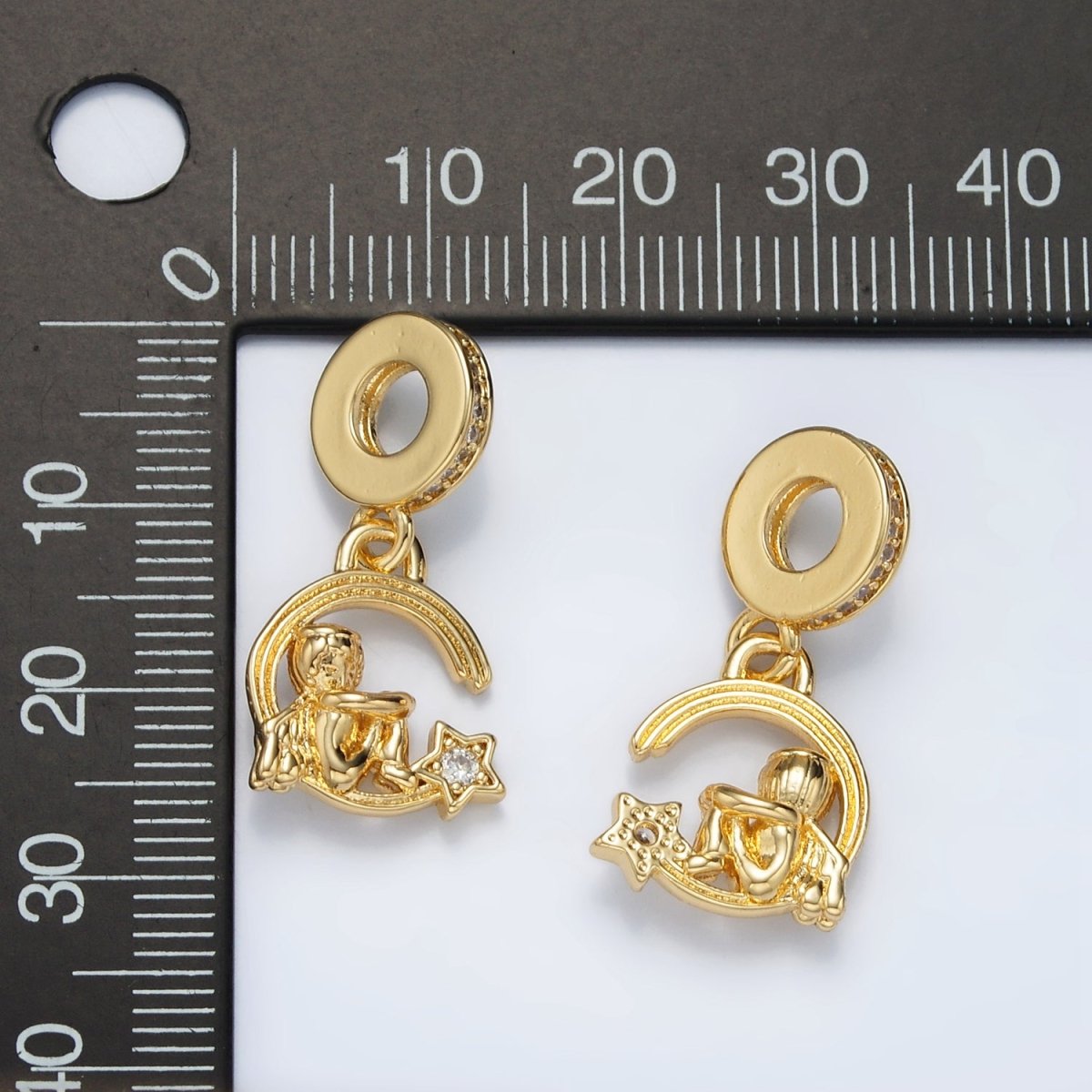 24K Gold Filled Crescent Moon Star Boy Micro Paved Rhondelle Bail Drop Pendant | AC097