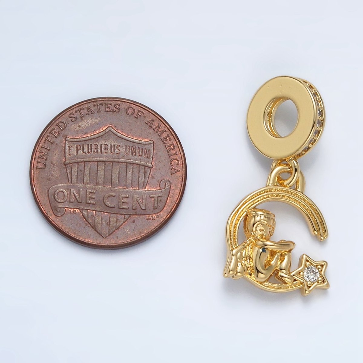 24K Gold Filled Crescent Moon Star Boy Micro Paved Rhondelle Bail Drop Pendant | AC097