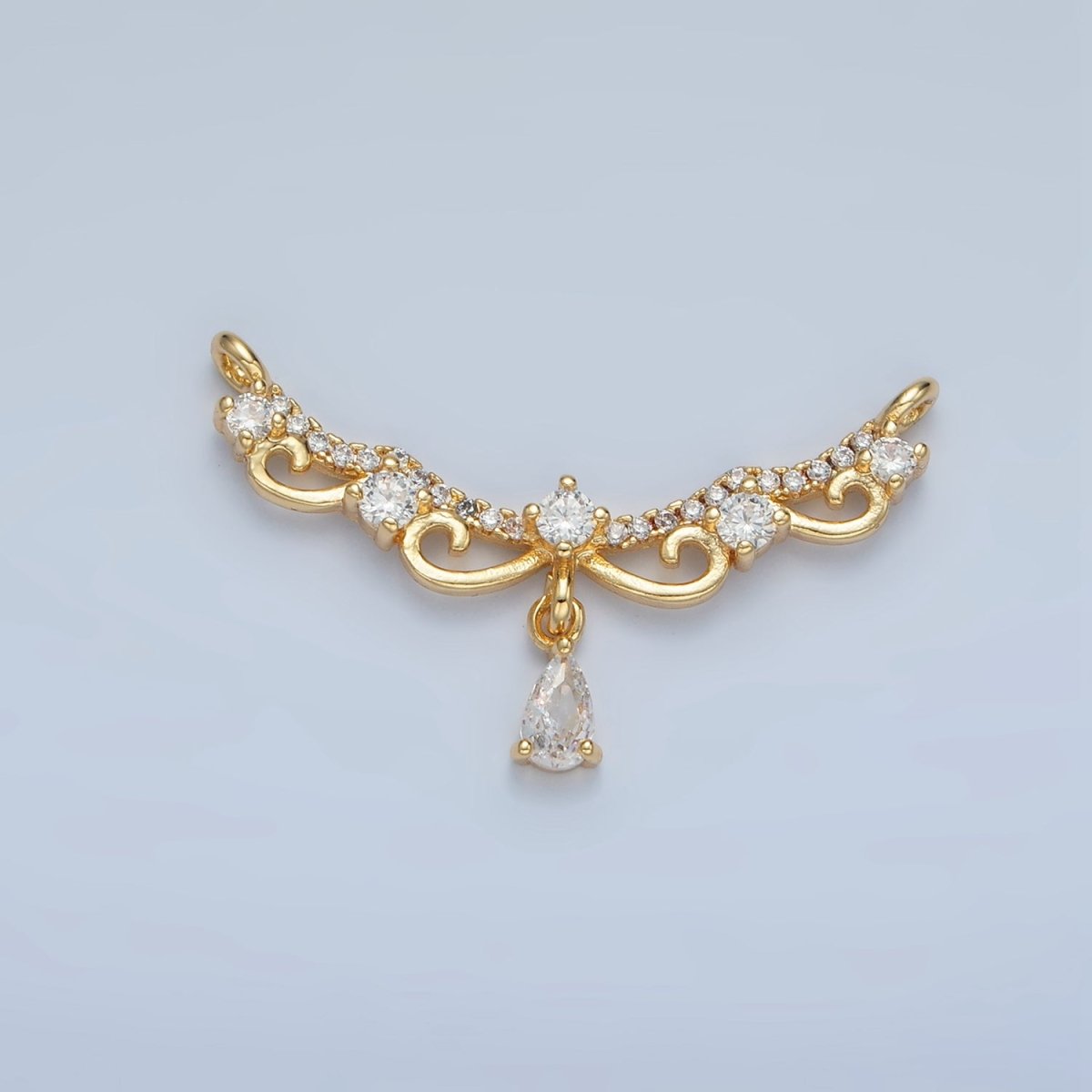 24K Gold Filled Curved Elaborate Micro Paved CZ Teardrop Drop Connector | F251
